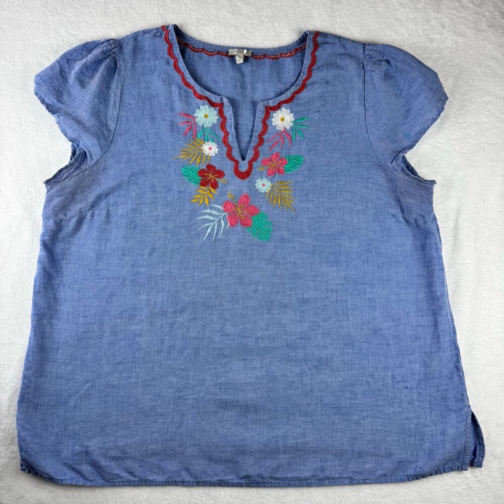 Talbots Linen Blend Embroidered Floral Top Women XL Blue Boho Peasant Blouse
